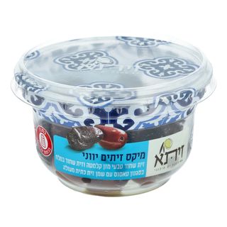 זית שחור טבעי מזן קלמטה וזית שחור במלח בסגנון טאסוס עם שמן זית כתית מעולה - 215 גרם
