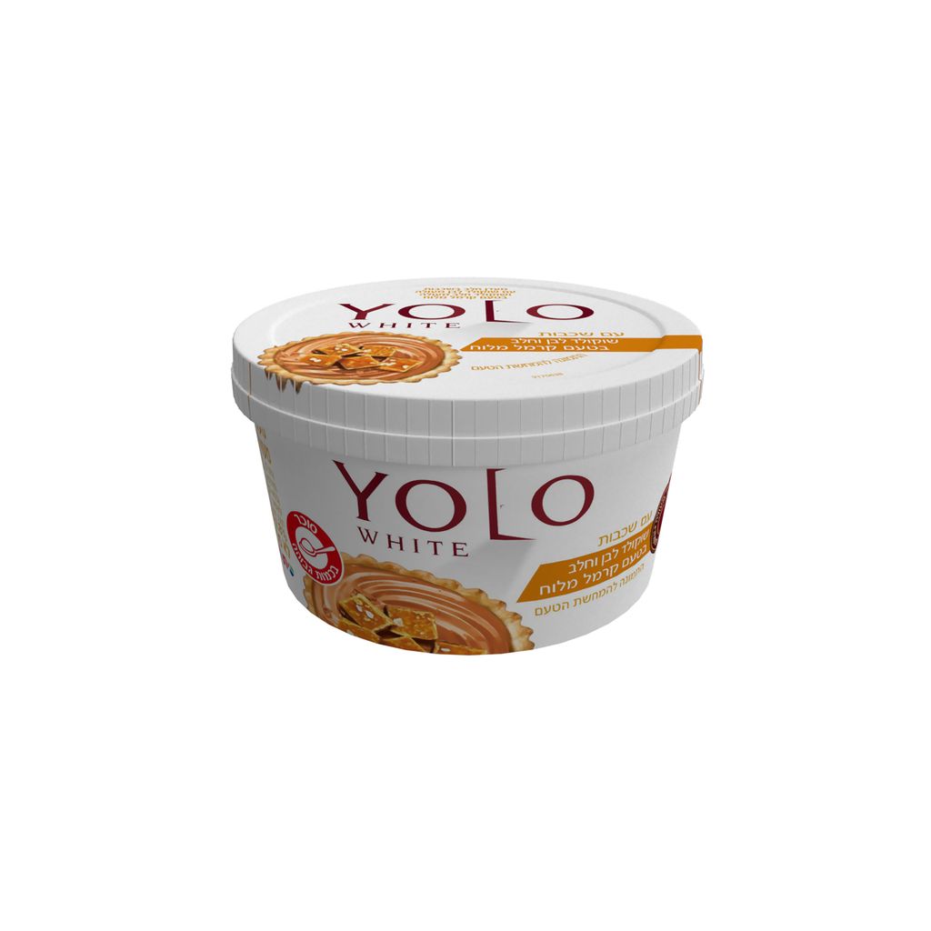 YOLO WHITE מעדן חלב עם שכבות שוקולד לבן וחלב בטעם קרמל מלוח 122 גרם