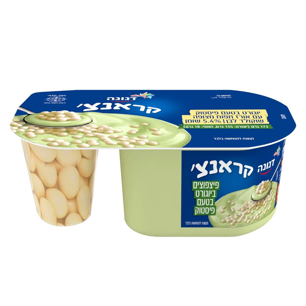 דנונה קראנצ' יוגורט בטעם פיסטוק עם פצפוץ שוקולד לבן
