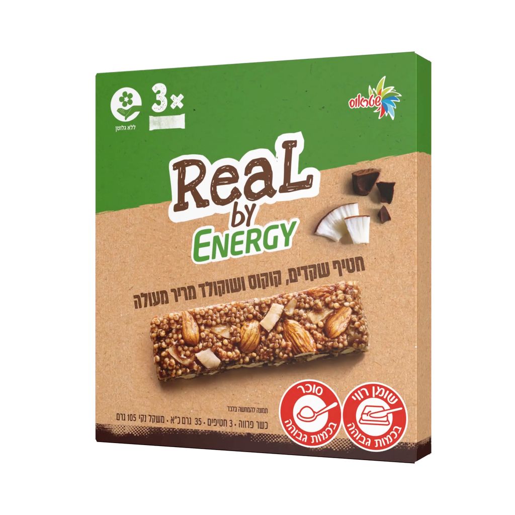 מאגדת חטיף Real של אנרג'י עם שקדים,קוקוס ושוקולד מריר